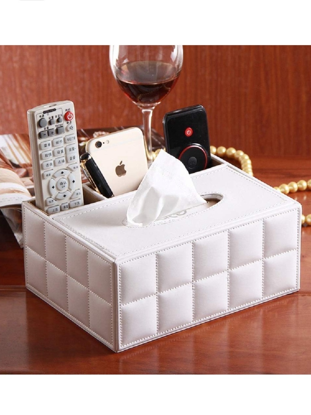 Rectangular • Tissue Box Cover • Multifunction Storage • Faux Leather • White